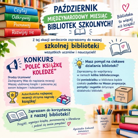 Międzynarodowy Miesiąc Bibliotek Szkolnych, obchodzony od 1 do 31 października. Ta globalna akcja jest organizowana przez Międzynarodowe Stowarzyszenie Bibliotekarstwa Szkolnego.